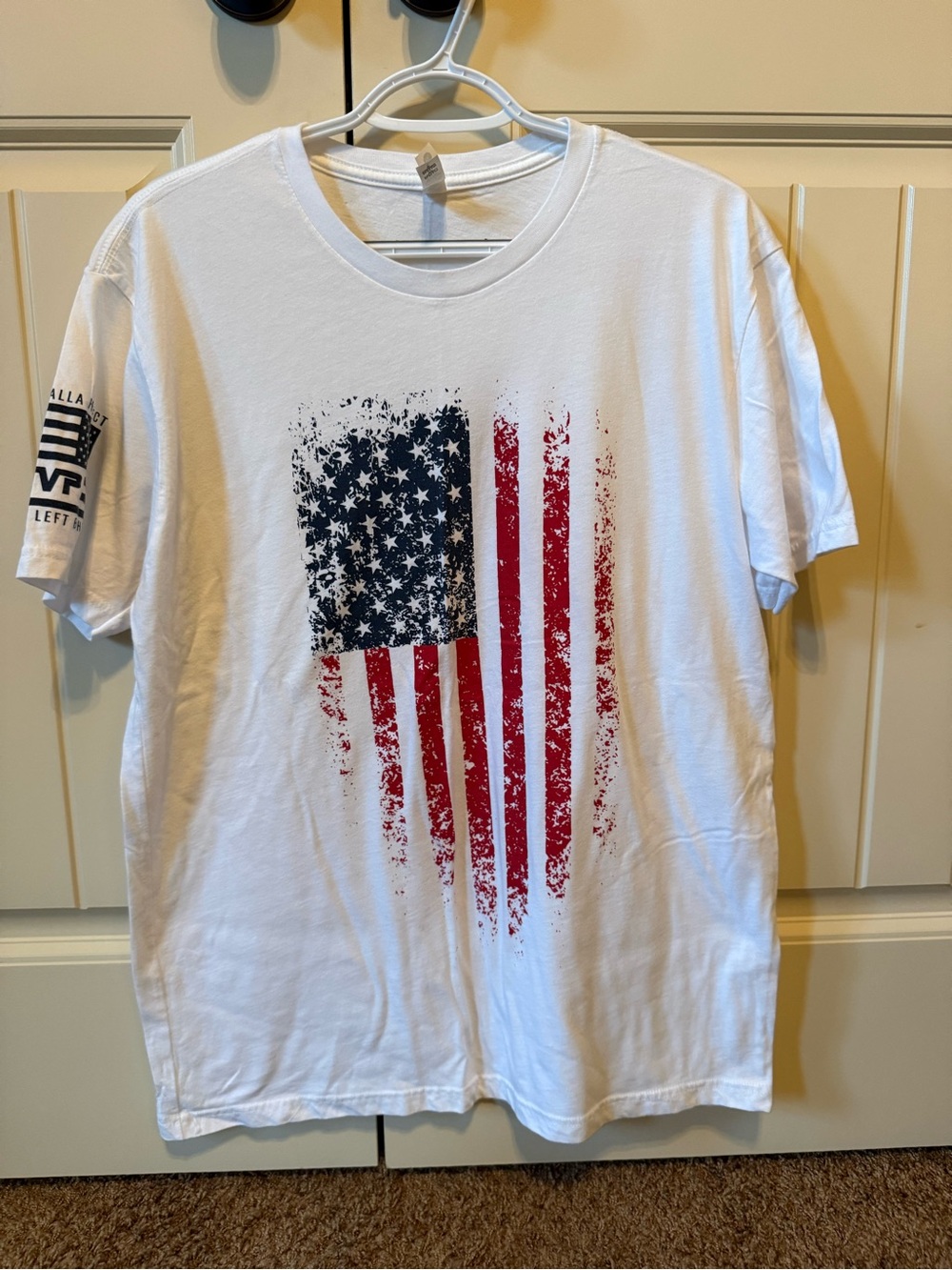 Til Valhalla Project White T‑Shirt with Distressed Red and Blue American Flag